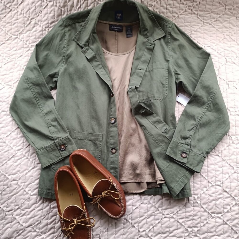 Olive/Khaki Metallic 95% Silk Stretch Tee - Size 12/M